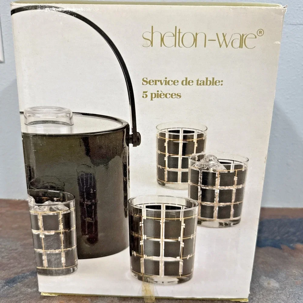 Vintage Shelton-Ware Ice Bucket & 4 Glasses MCM Black Gold Grid Barware Set NIB